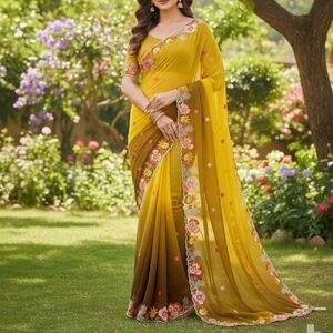 Elegant Green Floral Embroidered Saree